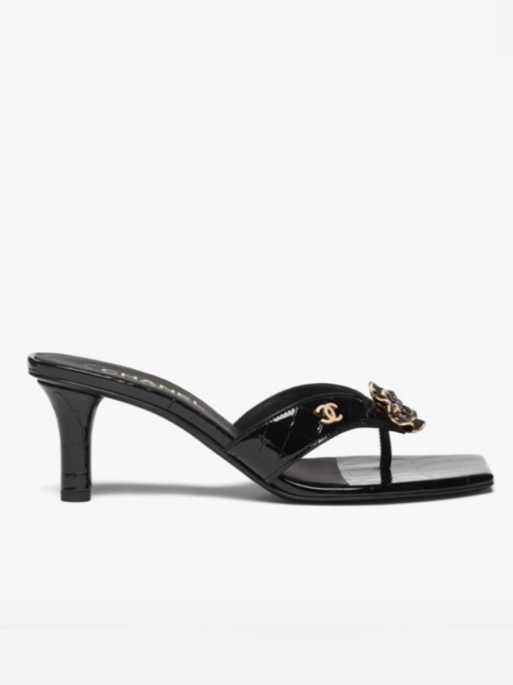 CHANEL 26 BLACK CROCODILE EMBOSSED PATENT LEATHER SANDALS SIZE IT 37.5 NIB!